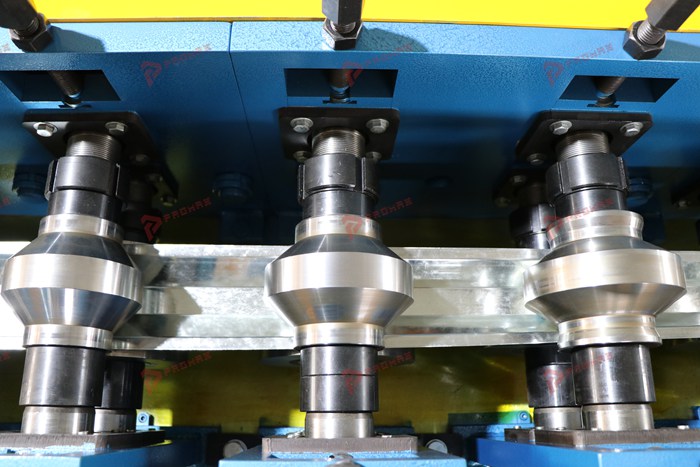 Omega channel forming line for manufacturing metal furring profiles